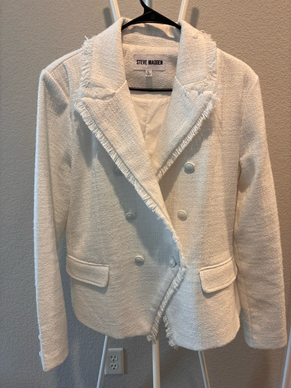 Steve Madden Ivory Fringe Tweed Double-Breasted Blazer